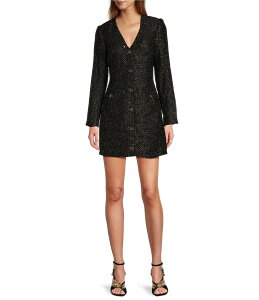 AgjI [j fB[X gbvX s[X Black/Gold Antonio Melani Nikki Tweed V-Neck Long Sleeve Mini A-Line Dress