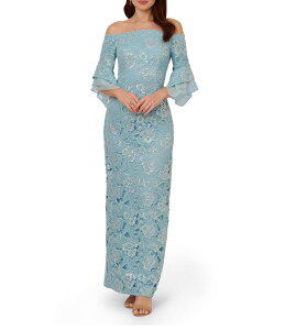�A�h���A�i �p�y�� ���f�B�[�X �g�b�v�X �����s�[�X �X�p���R�[�� ���[�X Adrianna Papell Sequin Lace Off-The-Shoulder Neck 3/4 Flutter Sleeve Column Gown Airy Aqua �A�N�A