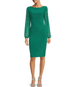 �}���i ���f�B�[�X �g�b�v�X �����s�[�X �h���[�v ���[�X Marina Round Neck Beaded Lace Long Sleeve Side Drape Sheath Dress Emerald �G�������h