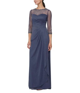 �A���b�N�X�C�u�j���O�X ���f�B�[�X �g�b�v�X �����s�[�X �M���U�[ Alex Evenings Long Beaded Illusion Sweetheart Neck 3/4 Sleeve Ruched Dress Violet �o�C�I���b�g
