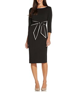 �A�h���A�i �p�y�� ���f�B�[�X �g�b�v�X �����s�[�X �N���[�v �R���g���X�g Adrianna Papell Contrasting Trim Boat Neck 3/4 Sleeve Tie Waist Crepe Sheath Dress Black/Ivory �A�C�{���[