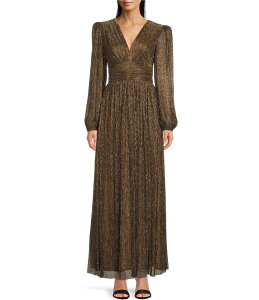 �A���b�N�X�}���[ ���f�B�[�X �g�b�v�X �����s�[�X V�l�b�N A ���C�� �g�[�� Alex Marie Bella Crinkle Metallic V-Neck Blouson Long Sleeve A-Line Gown Gold �S�[���h