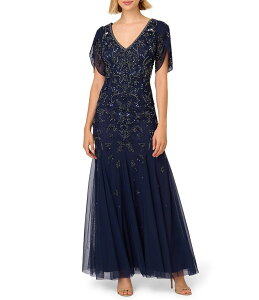 �A�h���A�i �p�y�� ���f�B�[�X �g�b�v�X �����s�[�X V�l�b�N Adrianna Papell Beaded V-Neck 3/4 Petal Sleeve Mermaid Gown Light Navy �l�C�r�[