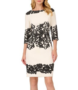 �A�h���A�i �p�y�� ���f�B�[�X �g�b�v�X �����s�[�X �N���[�v �v�����g ���[�X Adrianna Papell Printed Stretch Boat Neck 3/4 Sleeve Crepe Lace Sheath Dress Ivory Black �A�C�{���[