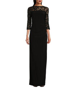 ���{ ���f�B�[�X �g�b�v�X �����s�[�X �N���[�l�b�N ���b�V�� �X�p���R�[�� ���[�X Le Bos Stretch Sequin Lace Mesh Crew Neck 3/4 Illusion Sleeves Back Slit Column Dress Black �u���b�N
