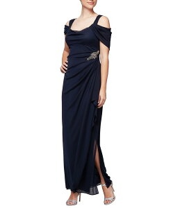 �A���b�N�X�C�u�j���O�X ���f�B�[�X �g�b�v�X �����s�[�X Alex Evenings Short Sleeve Cold Shoulder Cowl Neck Side Brooch Gown Navy �l�C�r�[
