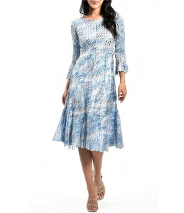 �R�}���t ���f�B�[�X �g�b�v�X �����s�[�X �v�����g Komarov Boat Neck 3/4 Flutter Sleeve Printed Dress Static