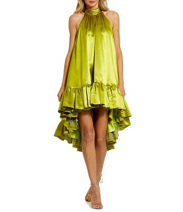 �}�b�N�_�K�� ���f�B�[�X �g�b�v�X �����s�[�X �t������ ���b�N�l�b�N �~�j�����s�[�X �t���� �~�j �T�e�� �m�[�X���[�u �z���^�[ Mac Duggal Satin Halter Mock Neck Sleeveless Ruffle Hem High Low Mini Dress App