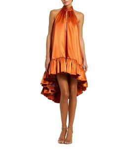 �}�b�N�_�K�� ���f�B�[�X �g�b�v�X �����s�[�X �t������ ���b�N�l�b�N �~�j�����s�[�X �t���� �~�j �T�e�� �m�[�X���[�u �z���^�[ Mac Duggal Satin Halter Mock Neck Sleeveless Ruffle Hem High Low Mini Dress Rus