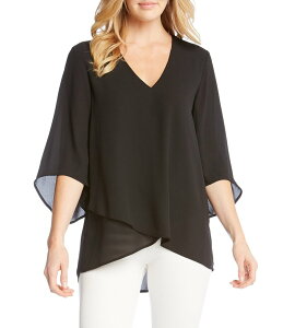 �J�����P�[�� ���f�B�[�X �g�b�v�X �V���c V�l�b�N �N���[�v �v�` �V���N Karen Kane Petite Size V-Neck 3/4 Sleeve Crossover Hem Silky Crepe Top Black �u���b�N