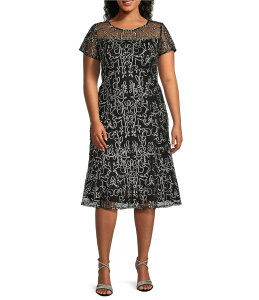 �C�O�i�C�g ���f�B�[�X �g�b�v�X �����s�[�X �N���[�l�b�N �~�f�B�����s�[�X �v���X�T�C�Y �~�f�B �h�J ���[�X Ignite Evenings Plus Size Crew Neck Short Sleeve Embroidered Soutache Lace Illusion Midi Dress Black/Mult