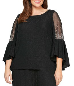 yz AbNXCujOX fB[X s[X gbvX Plus Size Metallic Knit Pearl Trim Illusion Bell Sleeve Blouse Black