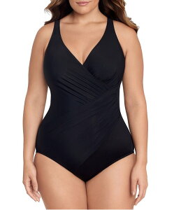 ~NX[c fB[X gbvX s[X VlbN vXTCY Miraclesuit Plus Size Solid Must Haves Oceanus V-Neck Underwire Bra Tank One Piece Swimsuit Black ubN