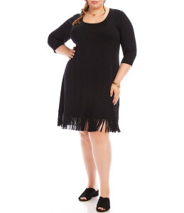 �J�����P�[�� ���f�B�[�X �g�b�v�X �����s�[�X �v���X�T�C�Y �j�b�g �W���[�W�[ �t�����W Karen Kane Plus Size Knit Jersey Scoop Neck 3/4 Sleeve Fringe Hem Dress Navy �l�C�r�[