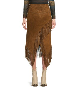 �X�J�[���[ ���f�B�[�X �{�g���X �X�J�[�g �~�f�B �X�G�[�h ���U�[ �t�����W Scully Suede Leather High Rise Wrap Fringe Midi Skirt Cinnamon
