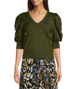 �_�i�L������ ���f�B�[�X �A�E�^�[ �p�[�J�[�E�X�E�F�b�g V�l�b�N �v���[�c �j�b�g DKNY by Donna Karan Short Pleated Puffed Elbow Sleeve V-Neck Knit Top Dark Olive �I���[�u