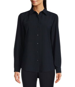 �A���b�N�X�}���[ ���f�B�[�X �g�b�v�X �V���c �N���[�v Alex Marie Piper Lightweight Soft Crepe de Chine Point Collar Long Sleeve Button Front Top Navy �l�C�r�[