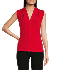 JoNC fB[X gbvX Vc VlbN m[X[u W[W[ Calvin Klein Matte Jersey V-Neck Shoulder Pleat Sleeveless Top Red bh