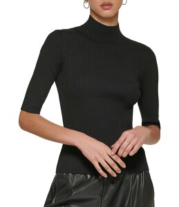 �_�i�L������ ���f�B�[�X �g�b�v�X �V���c ���b�N�l�b�N ���u �j�b�g DKNY by Donna Karan Short Sleeve Mock Neck Ribbed Knit Top Black/Black �u���b�N