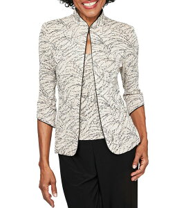 �A���b�N�X�C�u�j���O�X ���f�B�[�X �g�b�v�X �V���c ���b�N�l�b�N �v�����g Alex Evenings Mock Neck 3/4 Sleeve Piping Glitter Embellished Printed 2-Piece Twinset Beige �x�[�W��