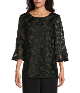 �L�������C�� ���[�Y ���f�B�[�X �g�b�v�X �V���c ���b�V�� �h�J ���[�X Caroline Rose Bella Soiree Embroidered Mesh Lace Scoop Neck 3/4 Bell Sleeve Tunic Black/Black �u���b�N