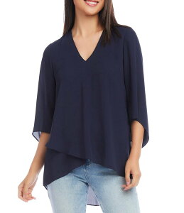 �J�����P�[�� ���f�B�[�X �g�b�v�X �V���c V�l�b�N �N���[�v �V���N Karen Kane V-Neck 3/4 Sleeve Crossover Hem Silky Crepe Top Navy �l�C�r�[