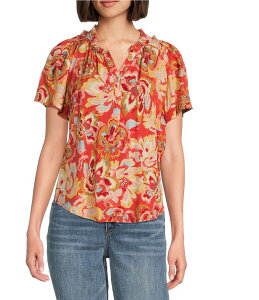 yz fNV[ fB[X Vc gbvX Floral Print Ruffled Trim Notch Neck Short Bell Sleeve Top Candy Red