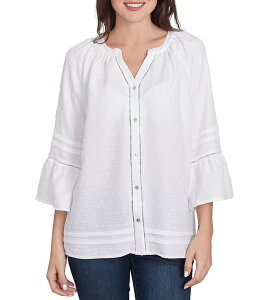yz r[A[fB[ fB[X Vc gbvX Woven Embellished Trim Clip-Dot Mandarin Collar 3/4 Sleeve Button-Front Top White