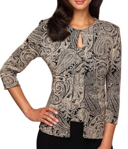 �A���b�N�X�C�u�j���O�X ���f�B�[�X �g�b�v�X �V���c �v�����g Alex Evenings Scoop Neck 3/4 Sleeve Glitter Printed Twinset Black/Stone �u���b�N