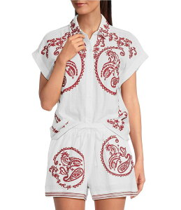 ���o ���f�B�[�X �g�b�v�X �V���c �h�J Reba Top Amber Textured Woven Coordinating Point Collar Short Sleeve Paisley Embroidered Top White �z���C�g