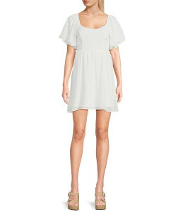 �~�b�h�i�C�g �h�[�� ���f�B�[�X �g�b�v�X �����s�[�X Midnight Doll Textured Check Puff Sleeve With Bow Back Detail Short Dress White �z���C�g
