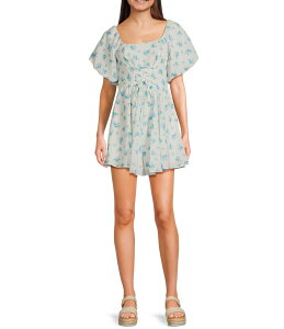 �~�b�h�i�C�g �h�[�� ���f�B�[�X �g�b�v�X �����s�[�X Midnight Doll Square Neck Short Bubble Sleeve Tie Front Skater Dress Ivory/Blue �A�C�{���[