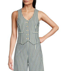 �A���b�N�X�}���[ ���f�B�[�X �A�E�^�[ �x�X�g V�l�b�N ���l�� Alex Marie Brooke V-Neck Stretch Linen Blend Button Front Coordinating Vest Blue Stripe �u���[