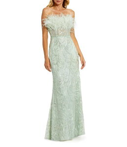 �}�b�N�_�K�� ���f�B�[�X �g�b�v�X �����s�[�X �X�g���b�v���X �h�J Mac Duggal Feather Trim Strapless Corset Bodice Embroidered Sheath Gown Mint �~���g