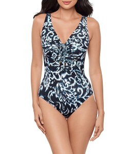 �~���N���X�[�c ���f�B�[�X �g�b�v�X �����s�[�X V�l�b�N Miraclesuit Adorn Bella V-Neck Adjustable Shirring Tie Soft Cup One Piece Swimsuit Black/White �z���C�g