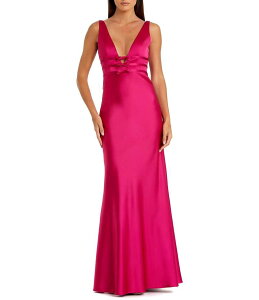 �}�b�N�_�K�� ���f�B�[�X �g�b�v�X �����s�[�X V�l�b�N �T�e�� �m�[�X���[�u Mac Duggal V-Neck Sleeveless Bow Trim Satin Sheath Gown Raspberry