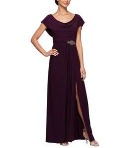 �A���b�N�X�C�u�j���O�X ���f�B�[�X �g�b�v�X �V���c �h���[�v �v���[�c �W���[�W�[ Alex Evenings Matte Jersey Cowl Neck Drape Back Detail Short Sleeve Side Embellishment Pleated Thigh High Slit Long Gown Eggplant