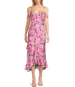 I.N.TtVXR fB[X gbvX s[X AVg[ ~fBs[X t[ vg ~fB t[ I.N. San Francisco Floral Print Off The Shoulder Asymmetrical Hem Midi Dress Pink 