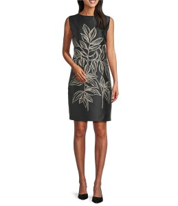 LC [Y fB[X gbvX s[X vg m[X[u Caroline Rose Printed Rose Leaf Jacquard Scoop Neck Sleeveless Sheath Dress Natural Black ubN