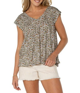 yz @v[ T[X fB[X Vc gbvX Leaf Printed V-Neck Short Sleeve Top Olive Leaf