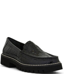 hihvl[ fB[X V[Y pvX vbgtH[ U[ [t@[ Donald Pliner Hope Crocodile Embossed Patent Leather Lug Sole Platform Loafers Black ubN