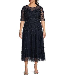 �s�T�b���i�C�c ���f�B�[�X �g�b�v�X �����s�[�X �N���[�l�b�N �t�����[�� �v���X�T�C�Y �t�����[ Pisarro Nights Plus Size 3D Floral Beaded 3/4 Sleeve Illusion Crew Neck Dress Navy �l�C�r�[
