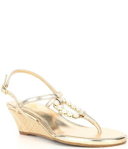 [sbc@[ fB[X V[Y T_ U[ Gold Lilly Pulitzer Good As Gold Leather T-Strap Pearl Embellished Wedge Sandals