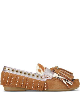 J[gWFCK[h fB[X V[Y Xb|E[t@[ vg tW Kurt Geiger London Cow Print Rhinestone Fringe Moccasins Brown/Pink sN
