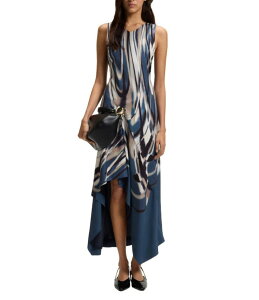 q[S{X fB[X gbvX s[X VlbN vg m[X[u BOSS By Hugo Boss Donaria Printed Twill V-Neck Sleeveless High-Low Dress Blue Jay Swirl u[