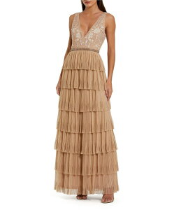 �}�b�N�_�K�� ���f�B�[�X �g�b�v�X �����s�[�X V�l�b�N �e�B�A�[�h �t���� ���b�V�� Mac Duggal Beaded 3D Flower Mesh Plunging V-Neck Embellished Waist Tiered Ruffle Column Gown Nude