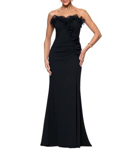 �G�X�P�[�v ���f�B�[�X �g�b�v�X �����s�[�X �t���� �X�g���b�v���X �m�[�X���[�u Xscape Strapless Flower Ruffle Sleeveless Gown Black �u���b�N