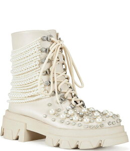 �A�U���A ���� ���f�B�[�X �V���[�Y �u�[�c�E���C���u�[�c Azalea Wang Twinkley Pearl Rhinestone Embellished Combat Boots Bone �p�[��