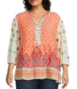 yz W }[N fB[X Jbg\[ gbvX Plus Size Embroidered Mix Printed Split V-Neck 3/4 Bubble Sleeve Tunic Apricot