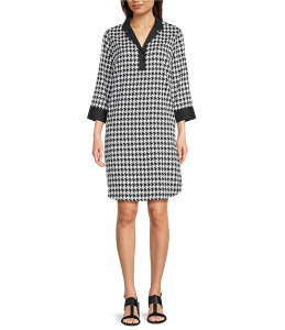 �t�H�b�N�X�N���t�g ���f�B�[�X �g�b�v�X �����s�[�X T�V���c �R�b�g�� Foxcroft Sloane Cotton Sateen Houndstooth Wrinkle Free Notch Collar 3/4 Barrel Cuff Sleeve Shift Dress Black/White �z���C�g